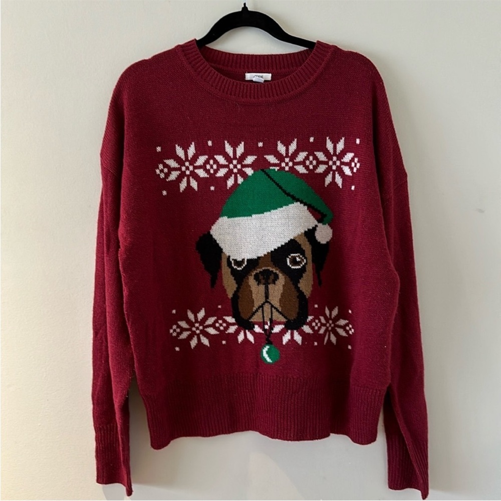 Ardene Burgundy Crew Neck Sweater with Festive Dog Design